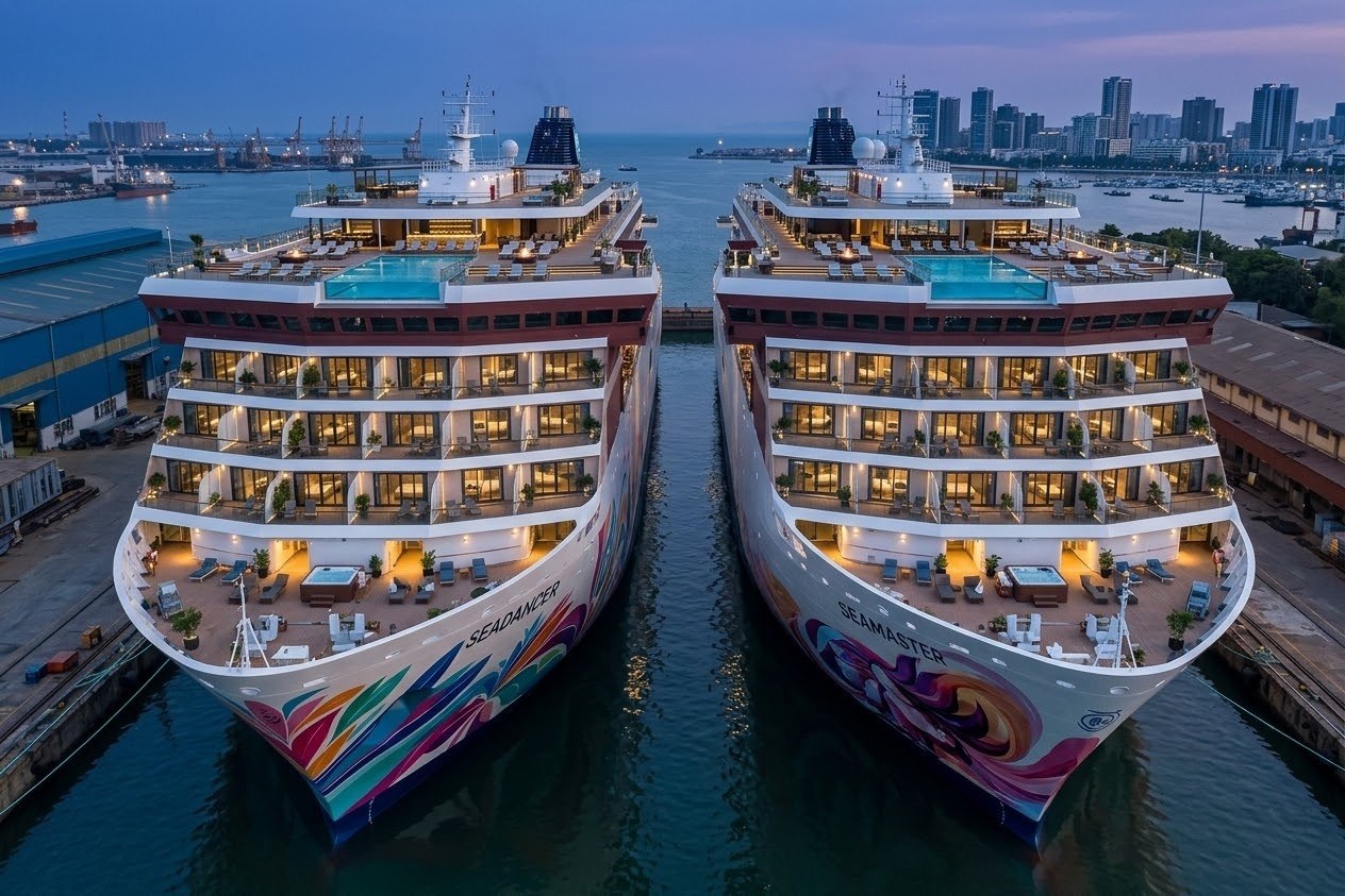 Seamax ship with helideck cruising Bahamas waters at sunset